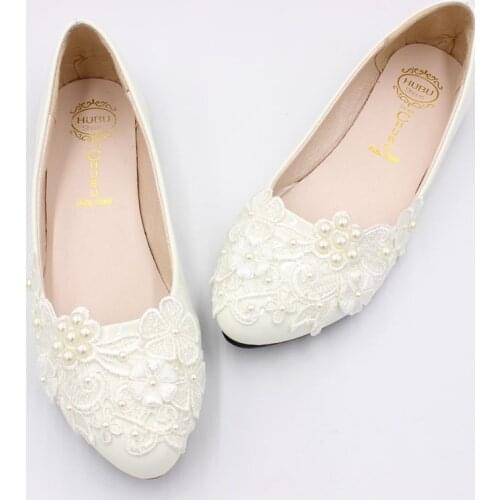White flats shoes woman ladies party dinner white lace with ivory pearls NQ179 elegant handmade dancing party shoes woman