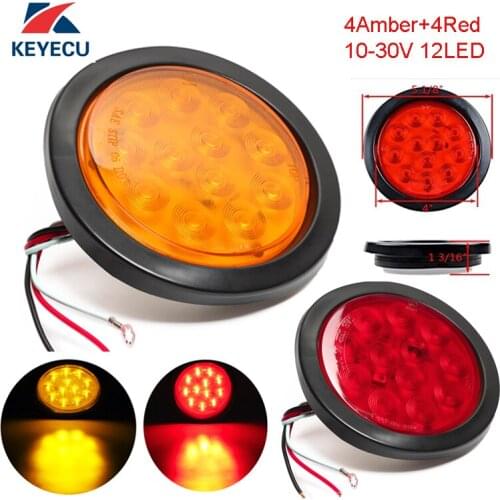 KEYECU 4 Amber+4 Red 10-30V 4'' 12Led Round Backup Reverse Running Tail Brake Light with Wiring Plug