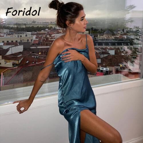 Foridol Spaghetti Strap Satin Summer Dress Women Button V Neck Party Dress Long Side Split Silk Maxi Blue Vintage Dress Black