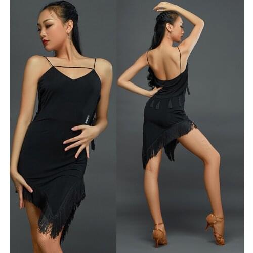 2021 Latin Dance Dress New Female Adult Sling Tassel Fringed Dress With Chest Pad Chacha Smaba Ballroom Dancing Dress DQS6689