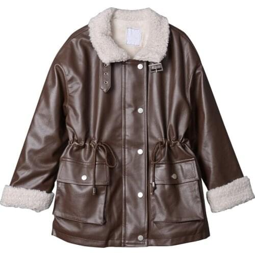 2021 Autumn Winter New PU Leather Jackets Female Lambs Wool Motorcycle Jacket Women Outerwear Plus Velvet Leather Loose Coat 92B