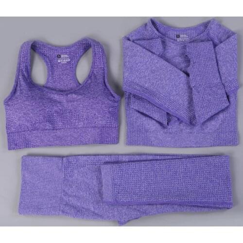 3PCS Women Seamless Yoga Set Gym Clothing Sports Suits Long Sleeve Crop Top Shirts High Waist Running Leggings Workout Pants