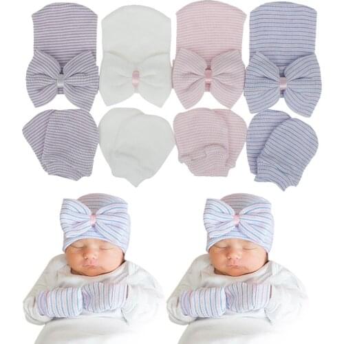 3pcs/Lot Newborn Baby Hat and Mitten Set Hospital Knit Hat Cap with Big Bow Soft Cute Knot Nursery Beanie Hat