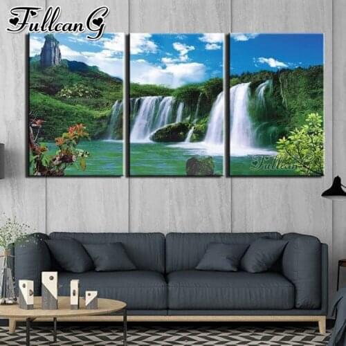FULLCANG 5d diy diamond embroidery spring natural scenery waterfall painting triptych full square round drill decoration FC3668