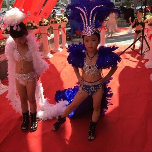 Bikini white black blue colorful peacock cloak for kids carnaval stage performance costumes for girl