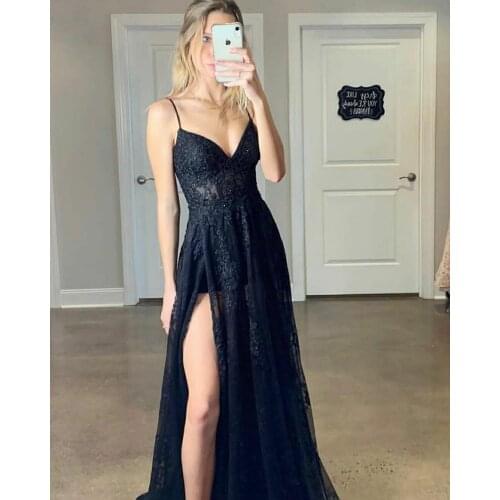 VKBRIDAL Long Lace Beaded Prom Dresses with High Slit Maxi Criss Cross Black Under Skirt Formal Evening Homecoming Party Gowns