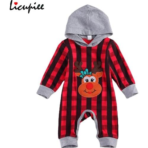 Babys Christmas Hooded Rompers Lattice Jumpsuit, Toddler Boy Girl Long Sleeve Reindeer Printing Hooded Romper 0-18 Months