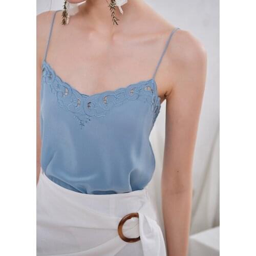 Elfbop Sexy Silk & Hollow Out Embroidery Patchwork Camisole Top - Ladies White/Black/Blue Camis & Vests Top Embroidered Detail