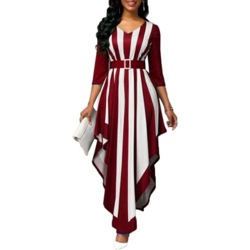 Hot apparel dress Women Stylish V Neck 3/4 Sleeve Vertical Stripes Irregular Hem Belt Long Party Dress