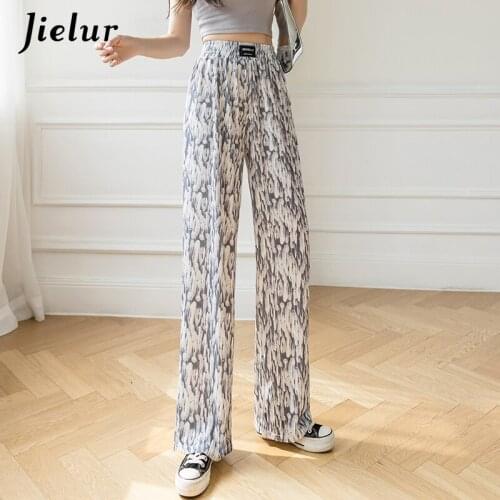 Jielur Tie-dyed Wide-leg Womens Pants Summer Thin 2021 High-waist Loose Straight Trousers Female Casual Blue Coffee Pant Women