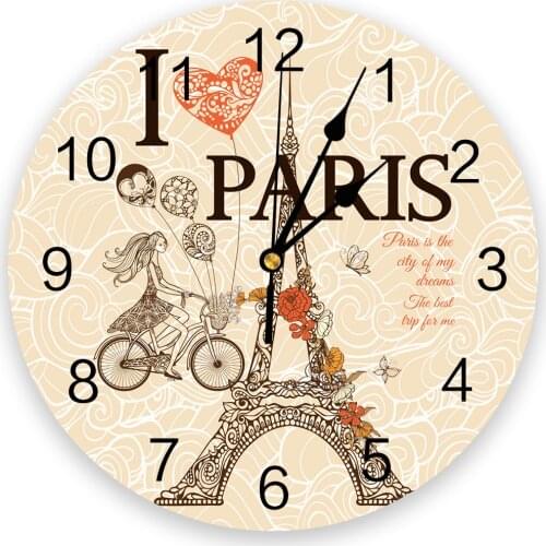 Love Girl Cyclist Eiffel Tower Paris Clocks Wall Home Decoration Modern Kitchen Teen Room Bedroom Living Room Decor Wall Clock