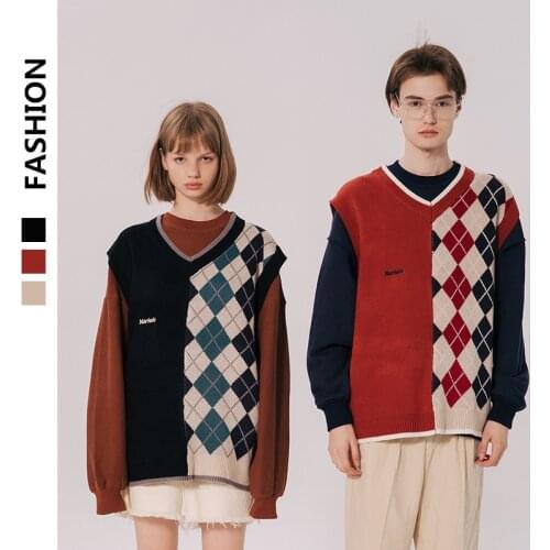 Japanese Loose Couple Patchwork Argyle Sweater Vest Mens 2020 New Autumn Fashion Harajuku Letter Embroidery Man Pullover Vest