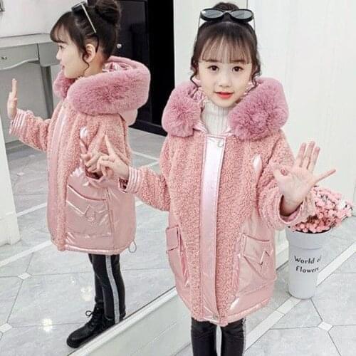 New Winter Girls Thick Warm Jacket Fashion Color Light Fabric Big Fur Collar Hooded Zipper Coat Girl Casual Long Winter Clothes