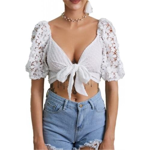 2021 New Fashion Ladies Short Sleeves Slim Body Sexy Lace Super Short Blouse Navel-Baring V-Neck Low Cut Nightclub Blouse
