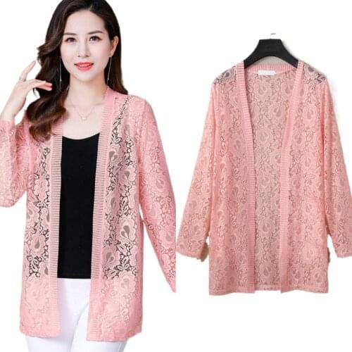Summer New Plus Size Womens Mid-Length Lace Cardigan Thin Jacket With Long Sleeves And Aun Protection