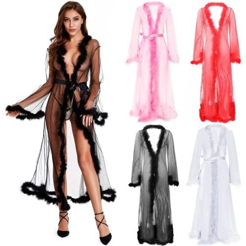 Sexy Fashion Appealing Perspective Mesh Feather Long Nightdress Women Long Sleeve Bandage Robes Seduction Uniform Pajamas