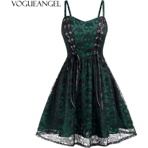 Plus Size Women Green Dress Gothic Punk Skull Printed Elegent Casual Loose Spaghetti Straps Aesic Vintage Female Dress S-5XL