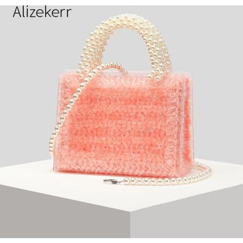 Wool Woven Pearls Acrylic Handbags 2021 Handmade Small Square Clear Shoulder Bag Ladies Beaded Chain Knitting Purse Top Quality