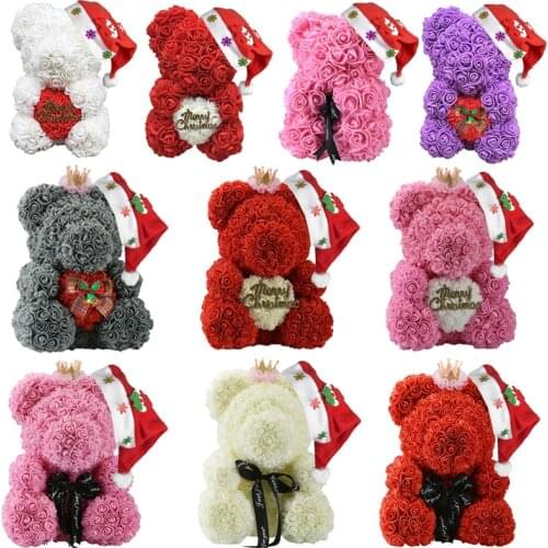 Christmas Gift for Kids&women Artificial PE Rose Teddy Bear of Roses with Crown Valentines Day Wedding Love Xmas Gifts for Girl