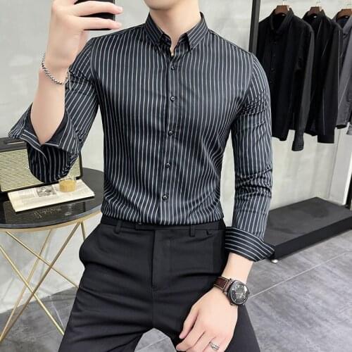 British Style Spring Summer Striped Men Dress Shirts Long Sleeve Simple Slim Fit Business Formal Wear Office Blouse Homme 3XL-M