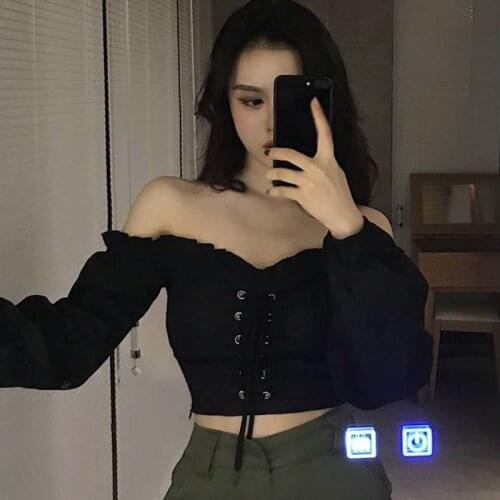 Casual Slash Neck Off Shoulder Lace Up Short Two Wear High Waist Womens Shirt With Bubble Sleeve