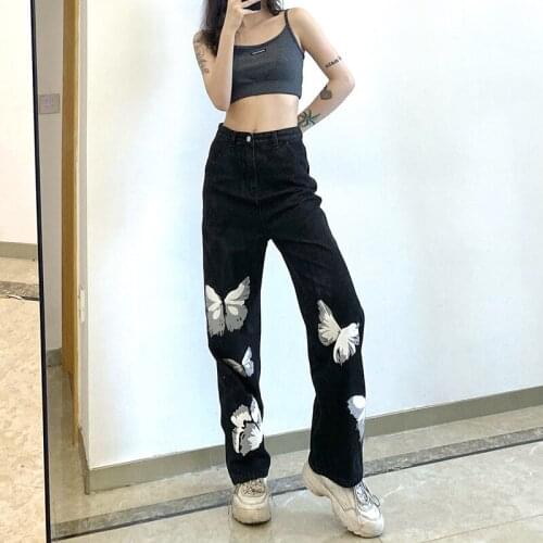 Oversized Black Jeans Butterfly Printed Denim Trousers Fall High Waist Lady Wide Leg Pants Straight Pantalon P152