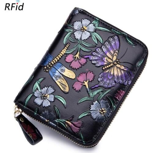 Genuine Leather 3D Flower Embossing Women Small Wallets Female RFID Credit Card & Business Card Holder Ladies' Coin Purse