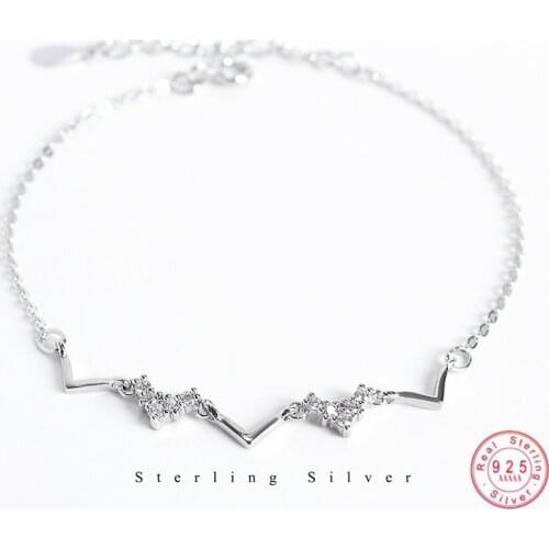 925 Sterling Silver Korean Version Simple Wave Heartbeat Pavé Crystal Bracelet Women Cute Princess Style Jewelry Accessories