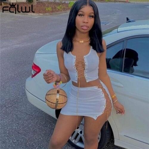 FQLWL Summer Bodycon Lace Up Hollow Out Metal Chain 2 Two Piece Sets Women Skirt Sleeveless Crop Top Mini Skirts Set Women 2021