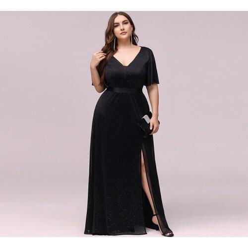 New Evening Dress Elegant Deep V-Neck Ruffles Short Sleeves Black Bling A-Line Floor-Length Plus Size Women Formal Gowns D975