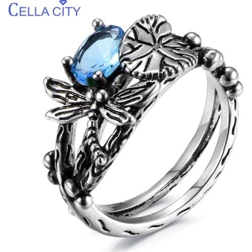 Cellacity Vintage Thai Silver 925 Jewelry Gemstones Ring for Women Dragonfly Lotus Sapphire Emerald Amethyst Bury Sapphire Gift