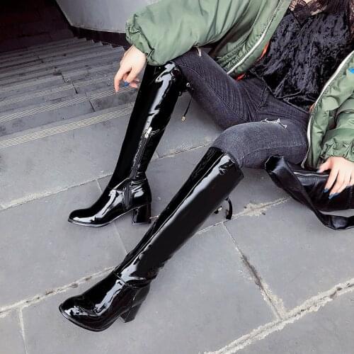 Oversized Patent Leather Thick Heel Winter Warm Knee-Length Boots Punk Style Shiny Patent Leather High Heel Short Plush Boots