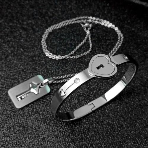 2pcs Silver Concentric Lock Bracelet Necklace Pendant Titanium Steel Couples Heart Lock Bangles Fashion Lovers Jewelry Set Gift