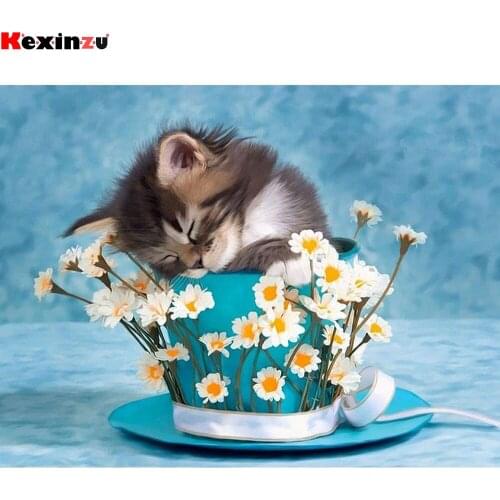DIY Diamond Painting for Adults and Kids,5D Dimond Art Kit Cup flower cat Full Round Drill Rhinestone Art Perfect for Home