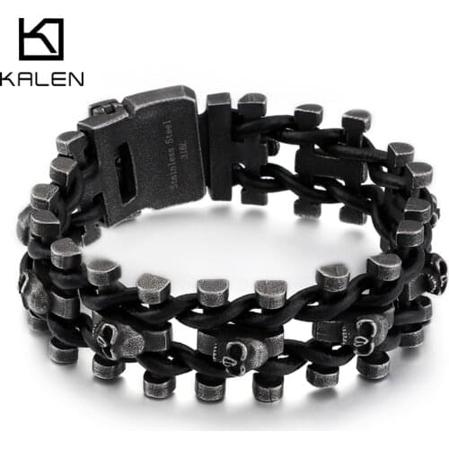 25mm Big Skull Bracelet Men Stainless Steel + Cowhide Leather Fashion Hand Jewelry
