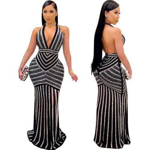 Black Bodycon Dress Sexy Deep V-neck Backless Women Prom Gown NightClub Party Long Maxi Dresses For Women Hot RhinestoneClothing