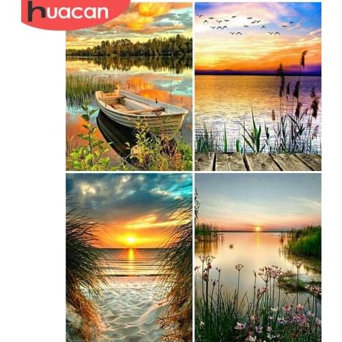 HUACAN 5D DIY Diamond Painting Sunset Full Square Painting Rhinestone Cross Stitch Lake Diamond Embroidery Seaside Decor