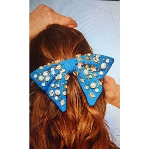 New Fashion Bowknot Smooth Silk Cloth Inlaid with Rhinestone Pearl Metal Flower All-match Womens Hairpin 572