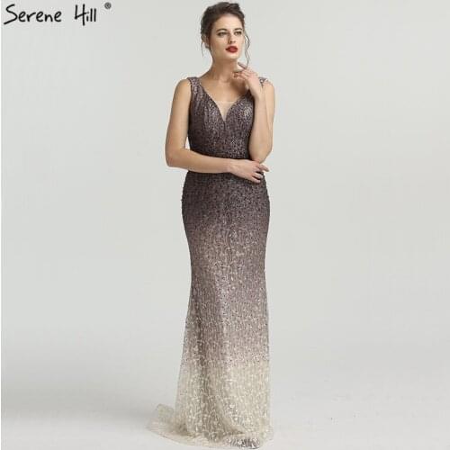 New Brown Gradient V-neck Sexy Evening Dresses 2020 Sleeveless Fashion Embroidery Crystal Evening Gown BLA6572