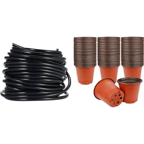 4 / 7Mm Sprinkler System Laying Tube Irrigation Pipe 20M With 130 Pcs 10Cm Plastic Plants Nursery Seed Starting Pots