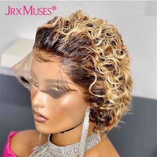 Pixie Cut Wig Human Hair Short Curly Ombre Blonde Colored Human Hair Wigs for Women T Part Lace Front Wigs Brazilian Remy Hair