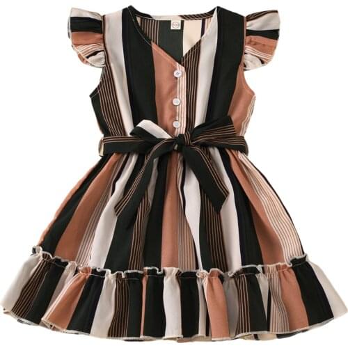 Baby Girls Color Blocking Striped Dress Short Fly Sleeve V-neck Button Summer casual Closure Ruffled Hem Dresses with Waistband