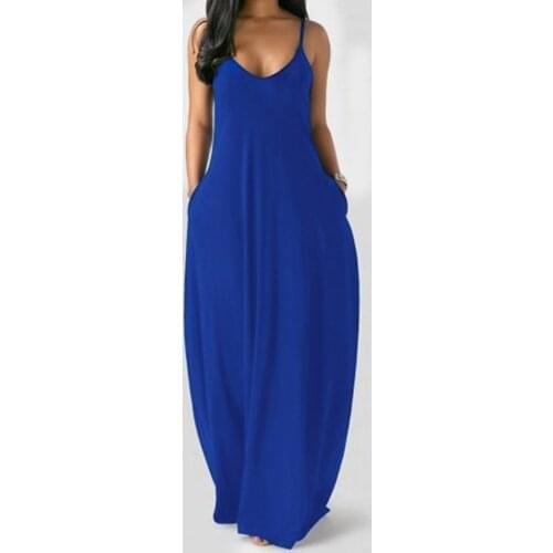 Sexy Dress Women Summer Plus Size Maxi Dresses Sleeveless O-neck Pockets Camis Strap Long Dress Pocket Party Dresses Robe Longue