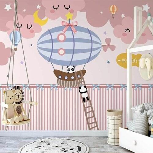 Custom 3D Cartoon Pink Clouds Animal Panda Hot Air Balloon Photo Wallpaper For Kids Room Princess Room Bedroom Decoration Mural