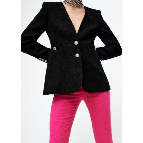 ZA casual suit 2021 autumn new female wild V-neck black texture single-breasted slim suit jacket