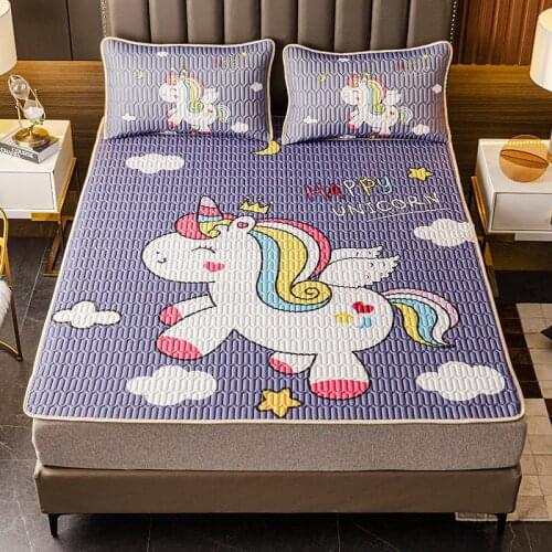 Cartoon Printing Latex Sleeping Mat with Pillowcase Non-slip Quilting Summer Cool Bed Mat Queen Size Bed Protection Pad