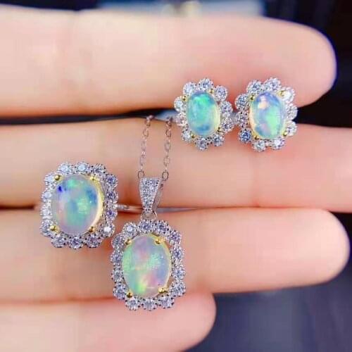 Natural Opal Gemstone Earrings Ring Necklace S925 Sterling Silver Fine Fashion Charm Jewelry Set for Women MeibaPJFS