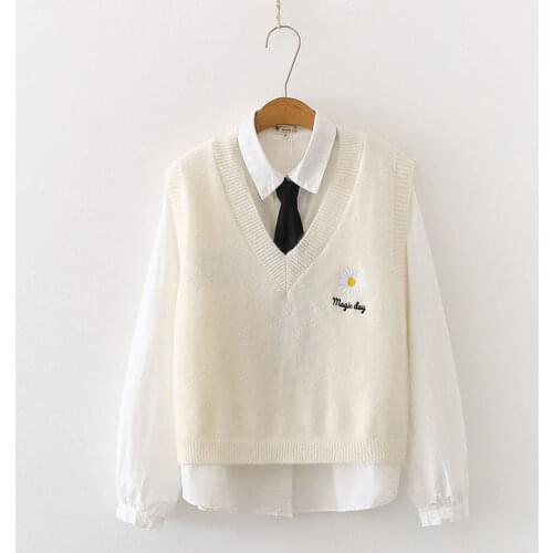 Autumn Knitted Sweater Vest Shirt Girl 2021 New Korean Style Sleeveless V-neck Flower Embroidered Loose Casual Pullovers Outwear