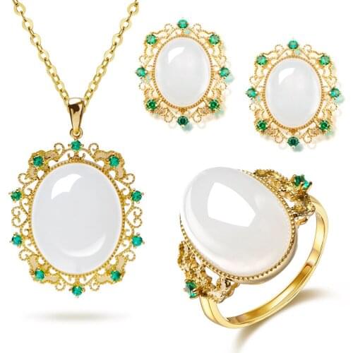 Jewelry Sets Chalcedony Pendant Neckalce Stud Ring Charm Hetian Jade Agate 925 Silver Natural Amulet Gifts for Women