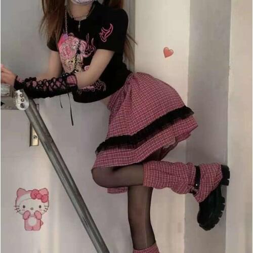 Lady Lace Y2k Elastic Waist Mini Skirts Sweet Student Gothic Streetwear Women Plaid Sexy Empire Lolita Pleated Skirt Summer